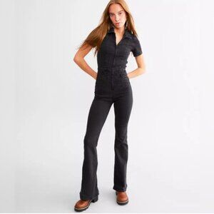 Free People We The Free Jayde Flare Denim Jumpsuit Mamba Black Sz M